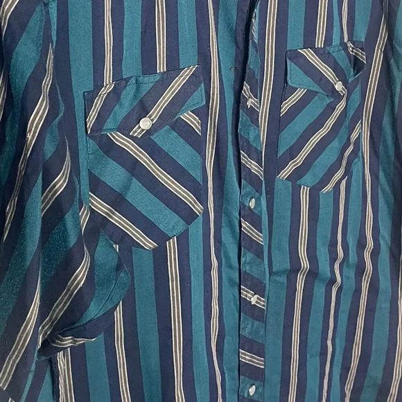 Wrangler Men’s Vintage Striped Pearl Snap Short Sleeve Western Shirt Teal Blue - Picture 6 of 7